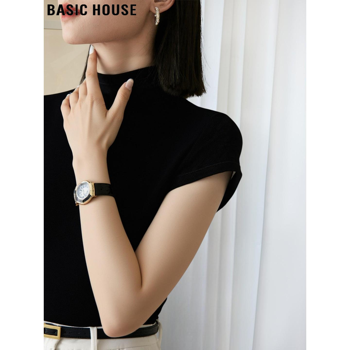 Basic House/百家好气质黑色半高领短袖天丝针织衫女2026夏季打底