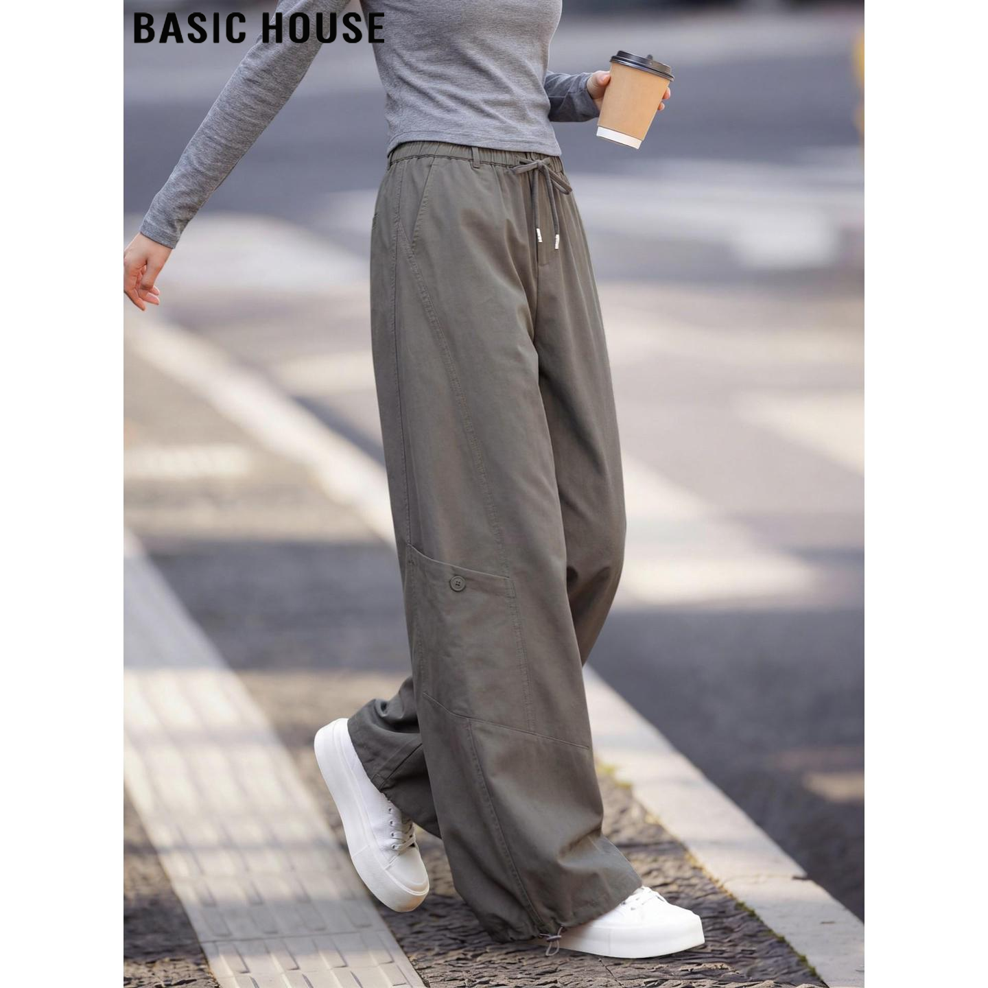 Basic House/百家好复古绿色休闲工装裤女春季高腰显瘦束脚拖地裤