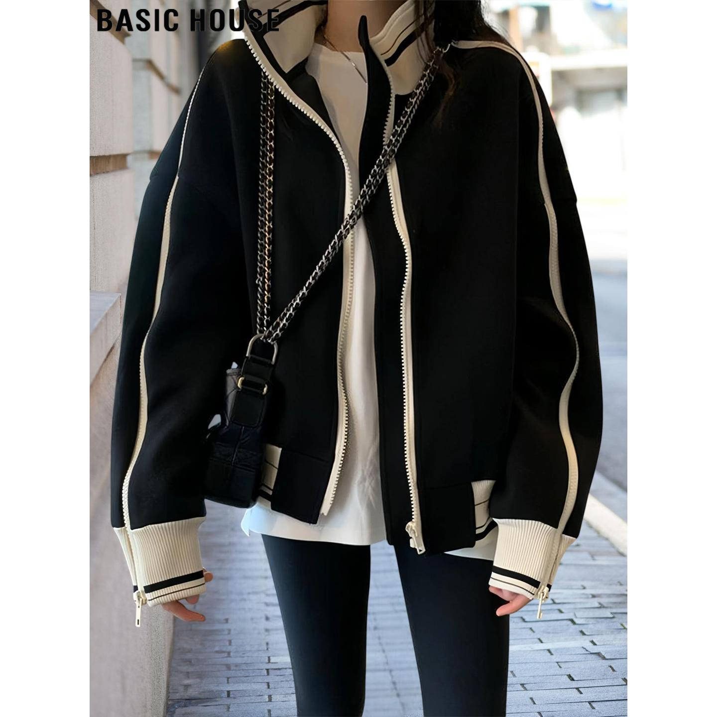Basic House/百家好慵懒风拼色立领卫衣外套女2026春季运动棒球服