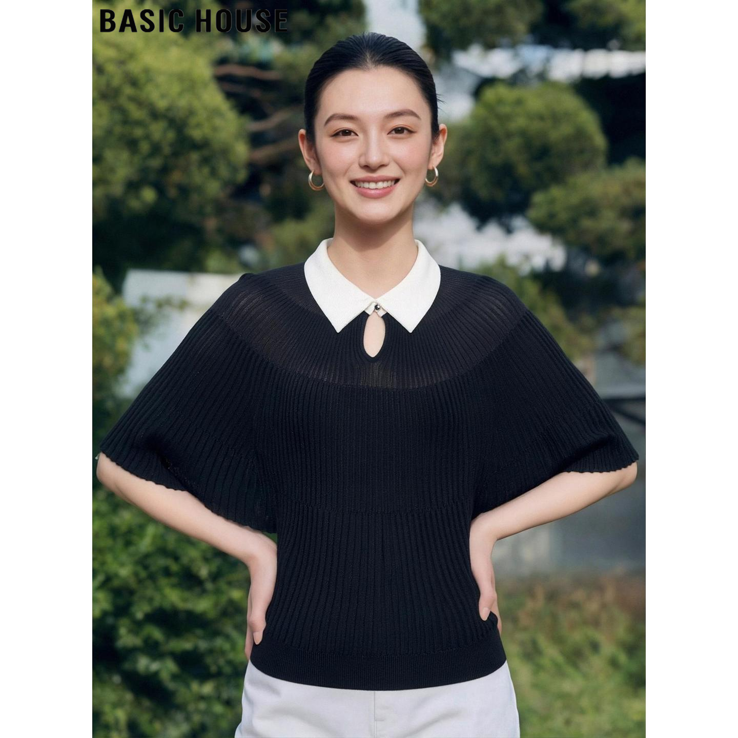 Basic House/百家好黑色100%天丝蝙蝠袖针织衫女夏季冰丝薄款上衣