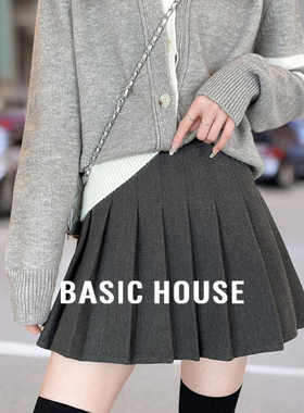 Basic House/百家好灰色百褶西装短裙女秋冬日系jk打底毛呢半身裙