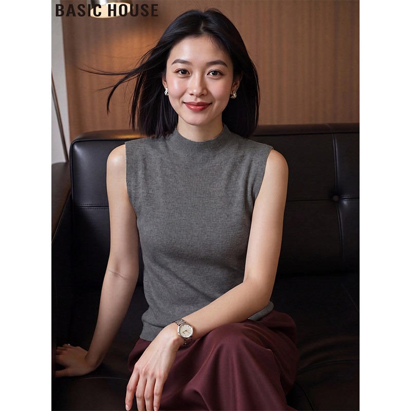Basic House/百家好灰色针织半高领背心女2026夏季修身无袖打底衫