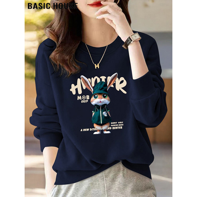 Basic House/百家好宝蓝色美式印花卫衣女2026春宽松休闲减龄外套