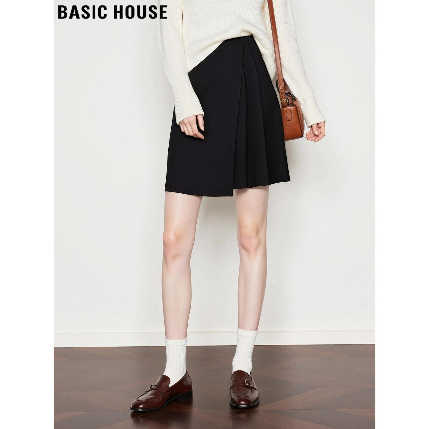Basic House/百家好法式黑色西装百褶短裙女夏季不规则打底A字裙