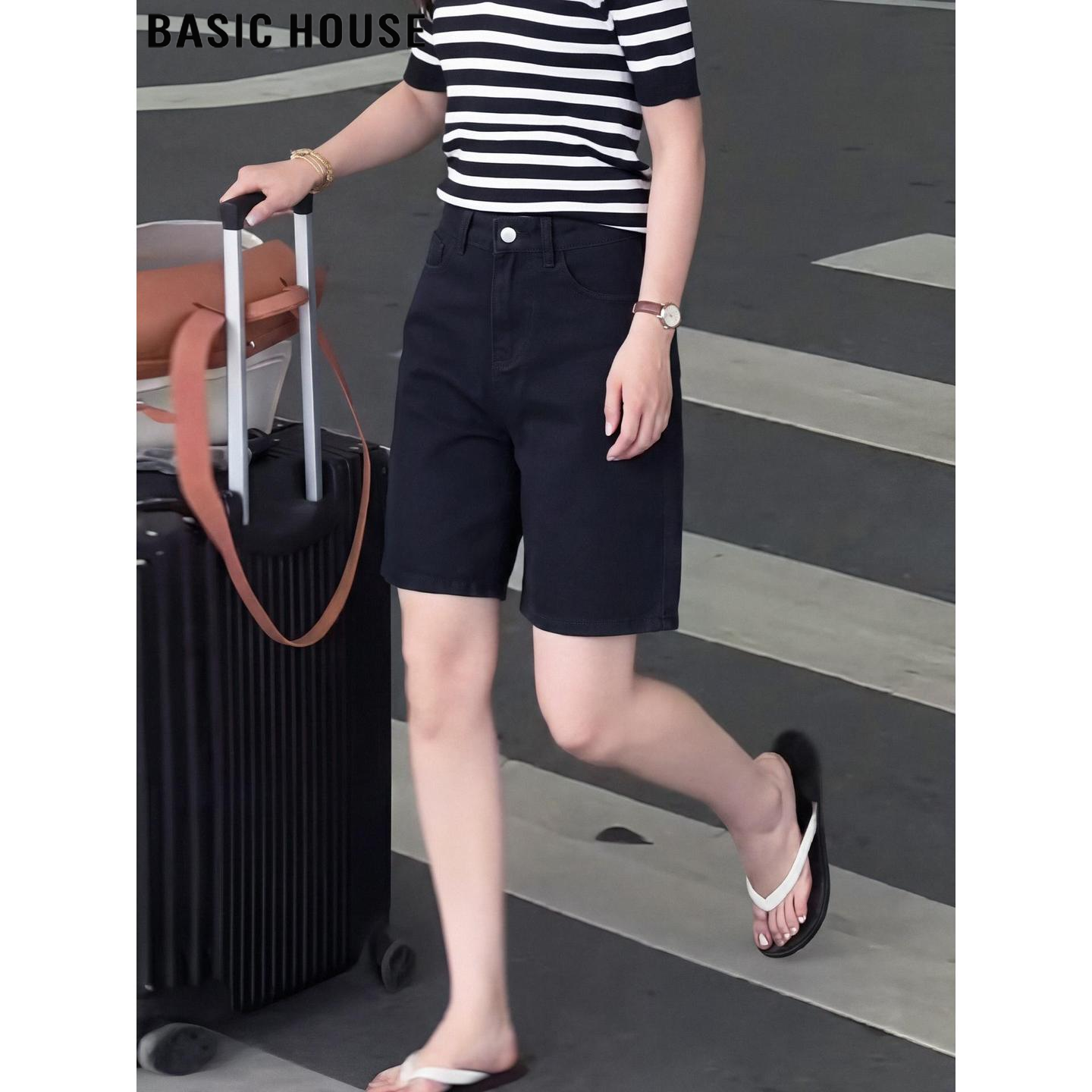 Basic House/百家好黑色高腰阔腿牛仔短裤女夏季新款超好看直筒裤
