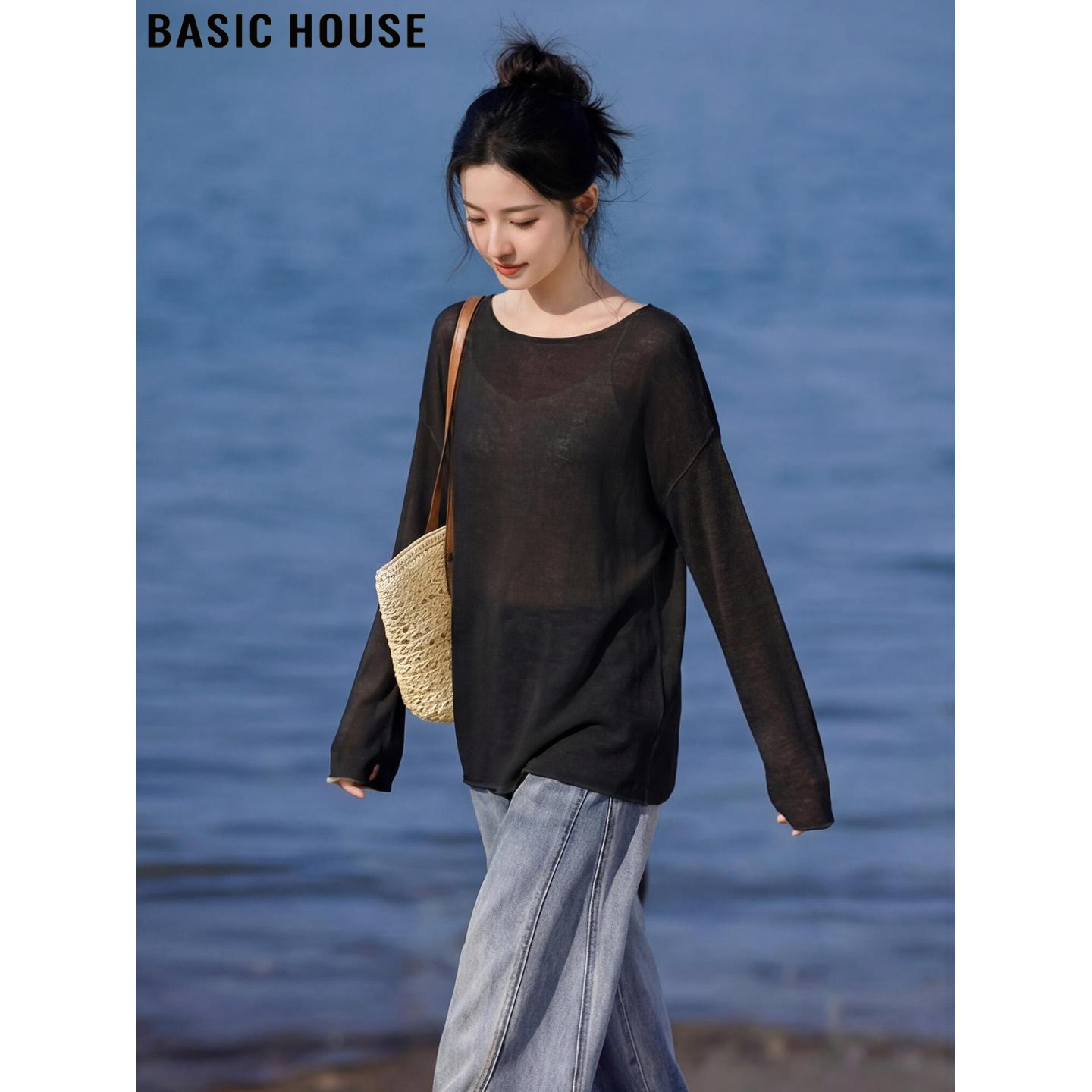 Basic House/百家好黑色一字领薄款长袖针织衫女夏超火防晒空调衫