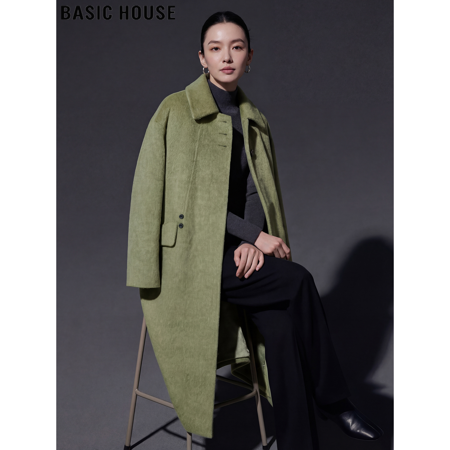Basic House/百家好高级感碧山绿双面毛呢外套女冬季长款羊毛大衣
