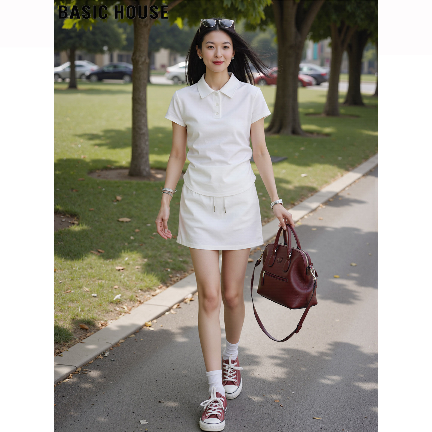 Basic House/百家好时尚运动套装女夏季白色POLO衫包臀短裙两件套