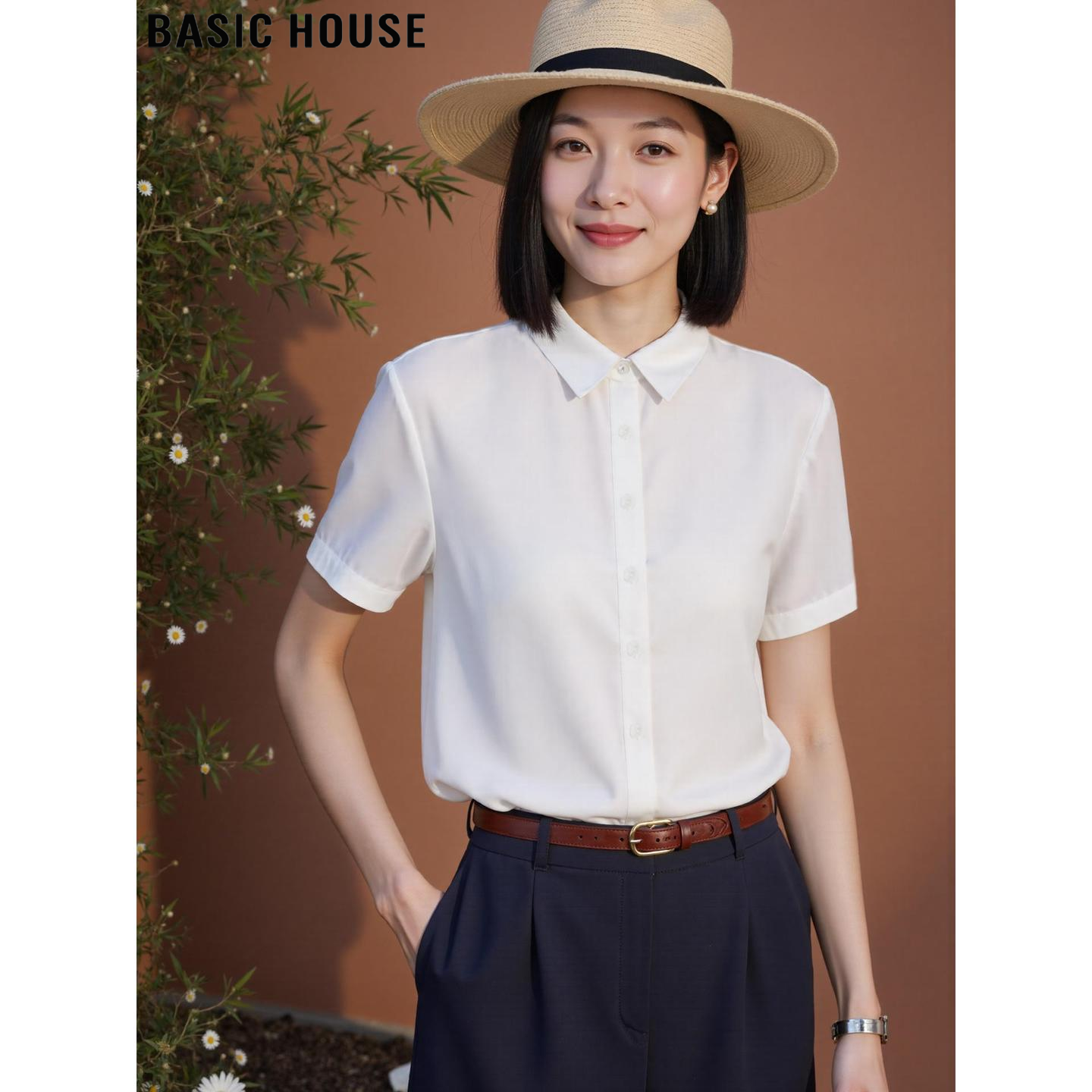 Basic House/百家好基础面试正装白色短袖衬衫女夏季新品简约衬衣