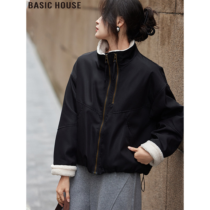 Basic House/百家好黑色立领加绒加厚外套女2025冬季保暖夹克棉服