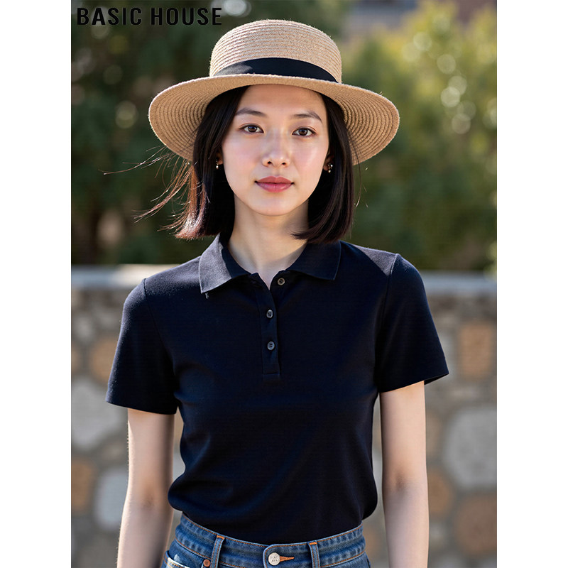 Basic House/百家好含羊毛藏蓝色短袖针织衫女夏季修身POLO领上衣