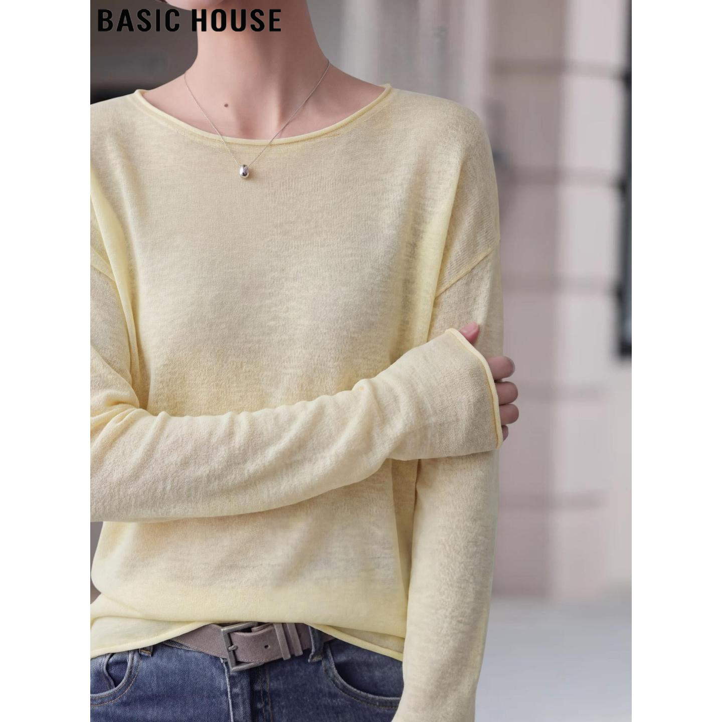 Basic House/百家好黄色一字领薄款天丝长袖针织衫女夏季防晒罩衫