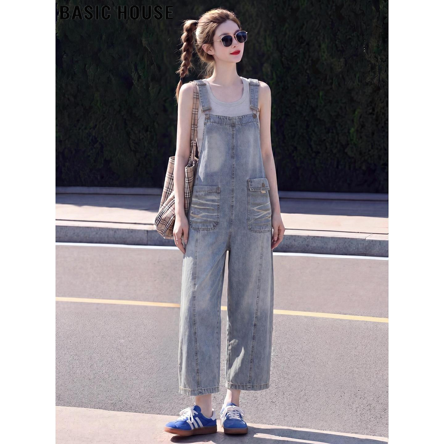 Basic House/百家好蓝色九分直筒牛仔背带裤女夏季超火阔腿连体裤