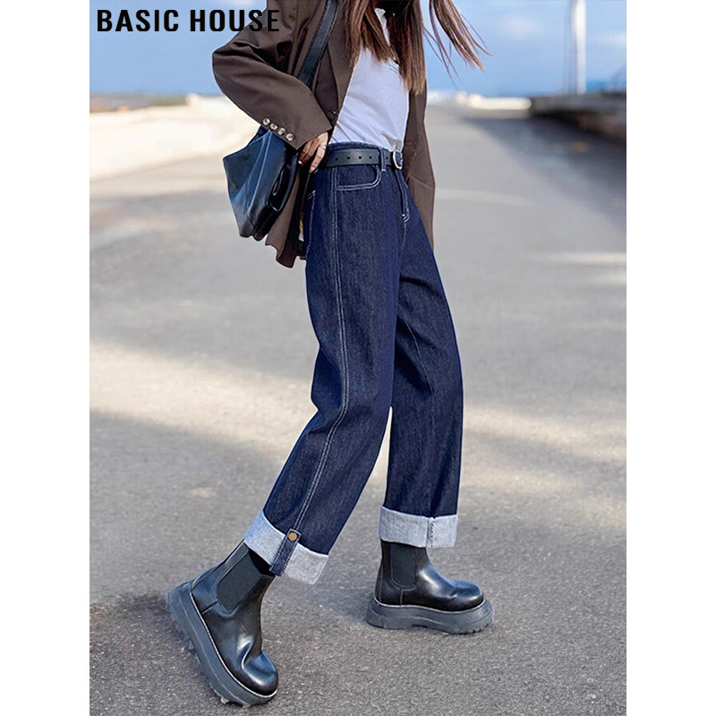 Basic House/百家好复古直筒烟管牛仔裤女春季高腰蓝色九分阔腿裤