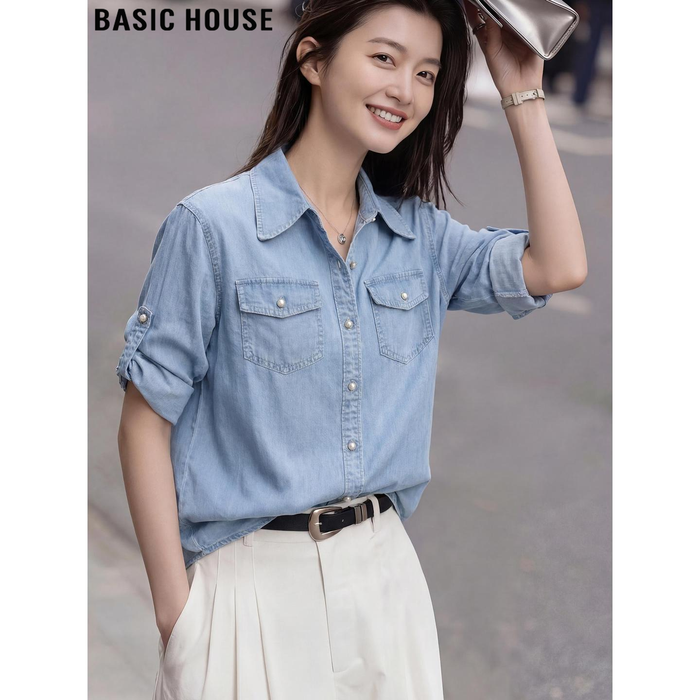 Basic House/百家好复古蓝色POLO领天丝牛仔衬衫女夏季慵懒风上衣