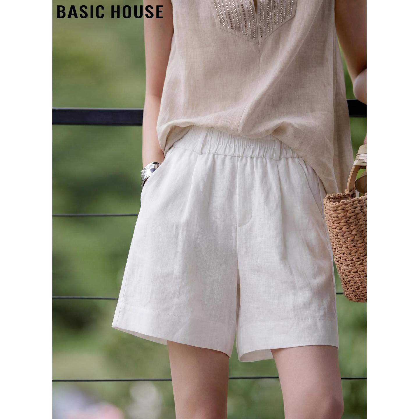 Basic House/百家好白色薄款100%亚麻短裤女夏季松紧腰直筒五分裤