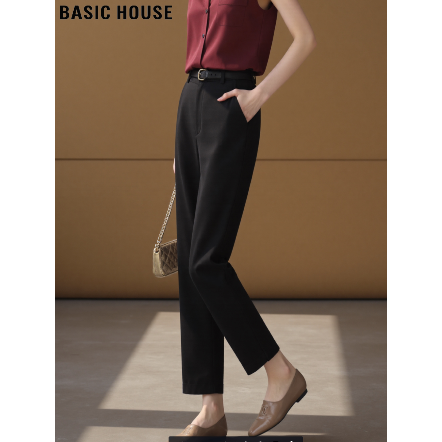 Basic House/百家好九分黑色西装裤女2026夏季通勤职业高腰直筒裤