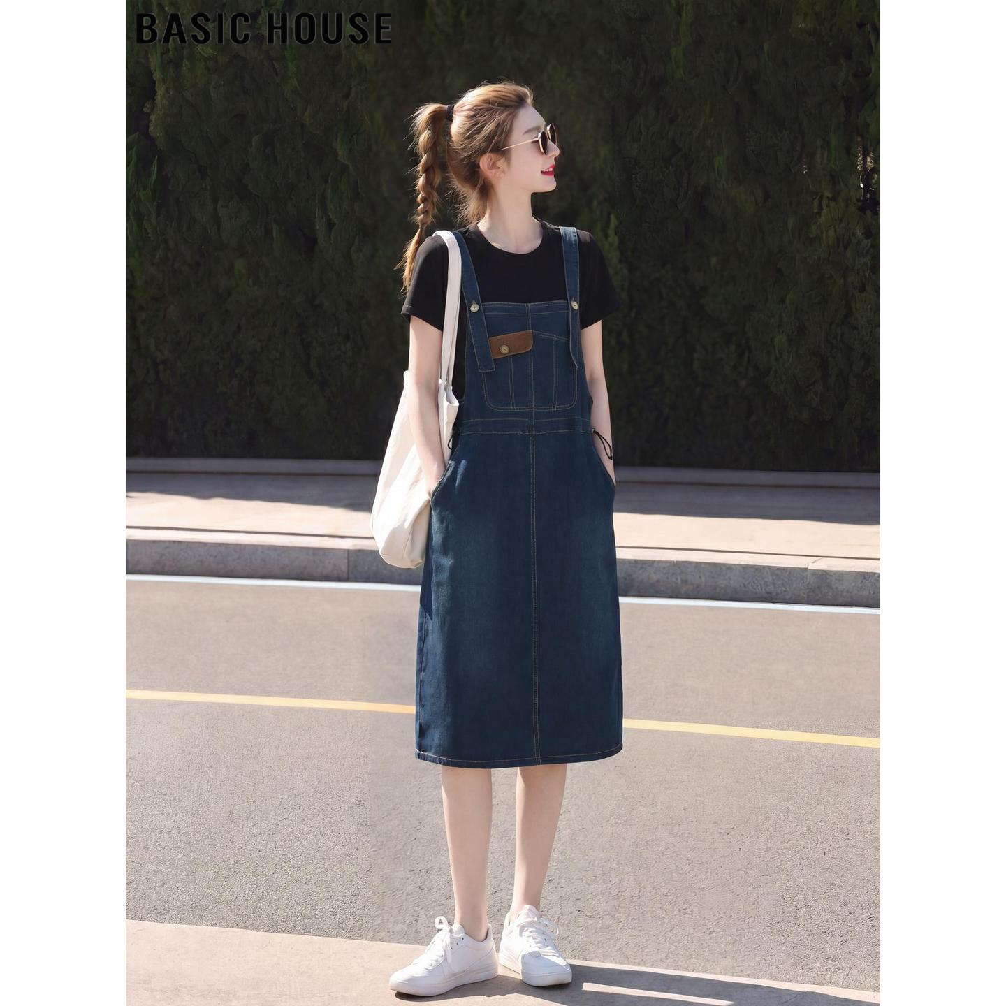 百家好复古蓝色工装牛仔连衣裙女