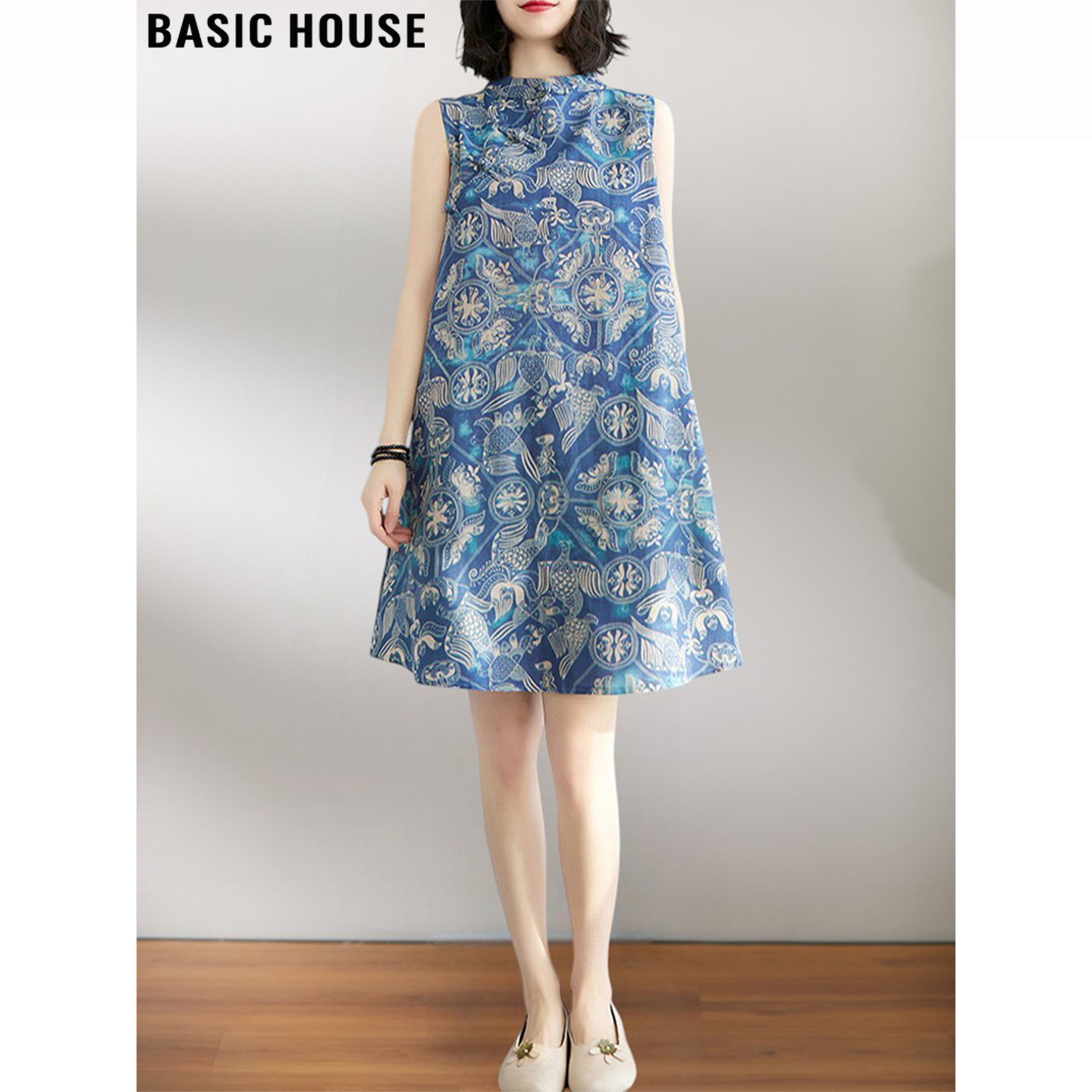 Basic House/百家好新中式无袖打底连衣裙女夏季妈妈装印花背心裙
