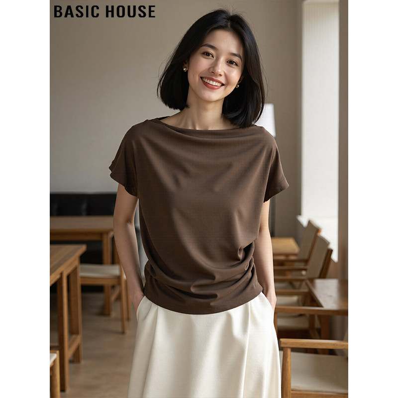 Basic House/百家好法式慵懒风一字领短袖T恤女夏季褶皱收腰上衣