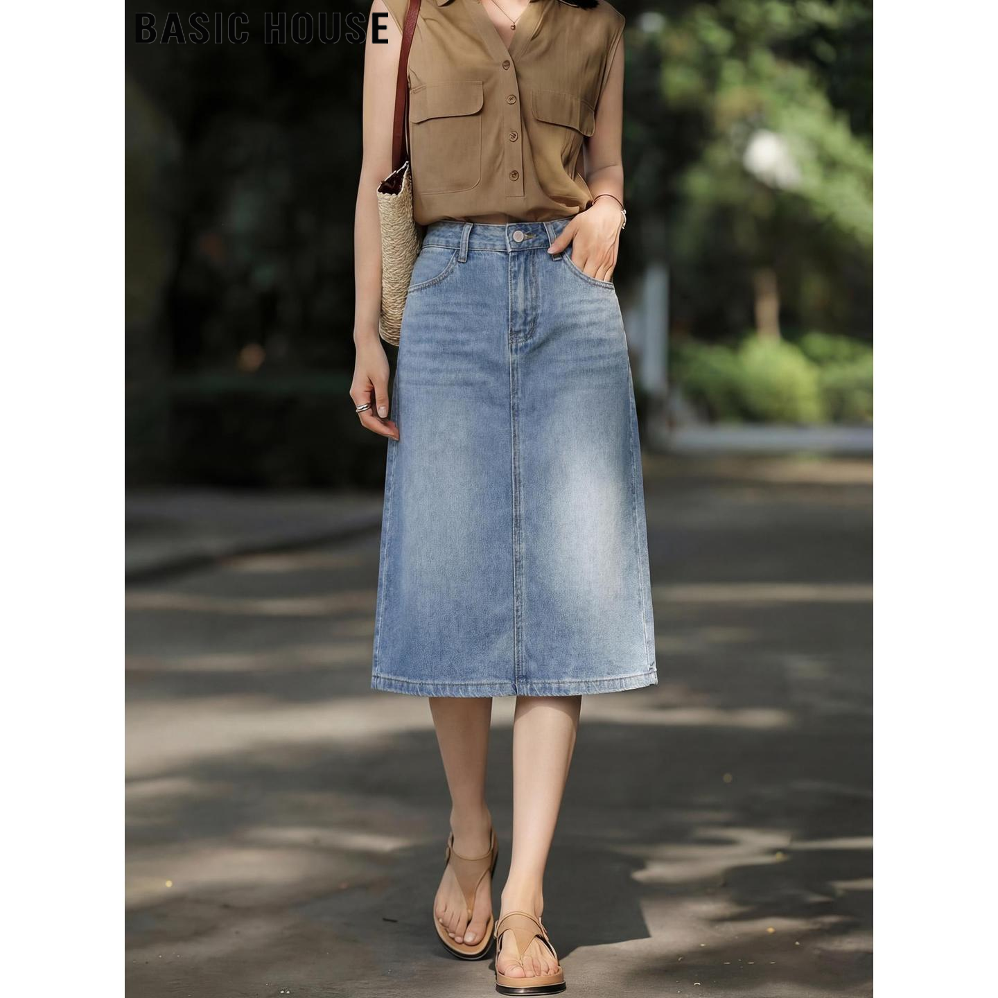 Basic House/百家好浅蓝色牛仔直筒半身裙女夏季高腰中长款A字裙
