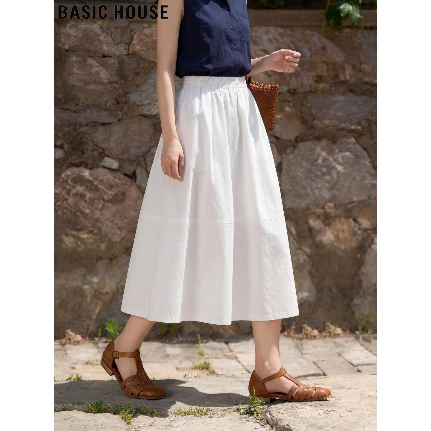 Basic House/百家好简约白色高腰大摆半身裙女夏季中长款A字裙子