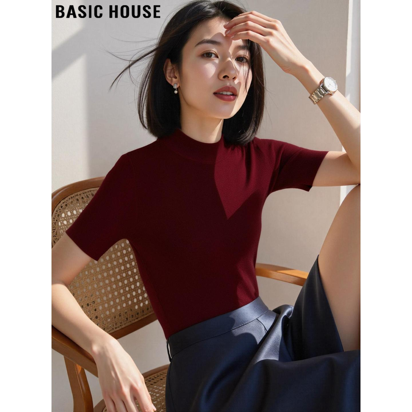 Basic House/百家好酒红色半高领短袖针织衫2026夏季修身打底上衣