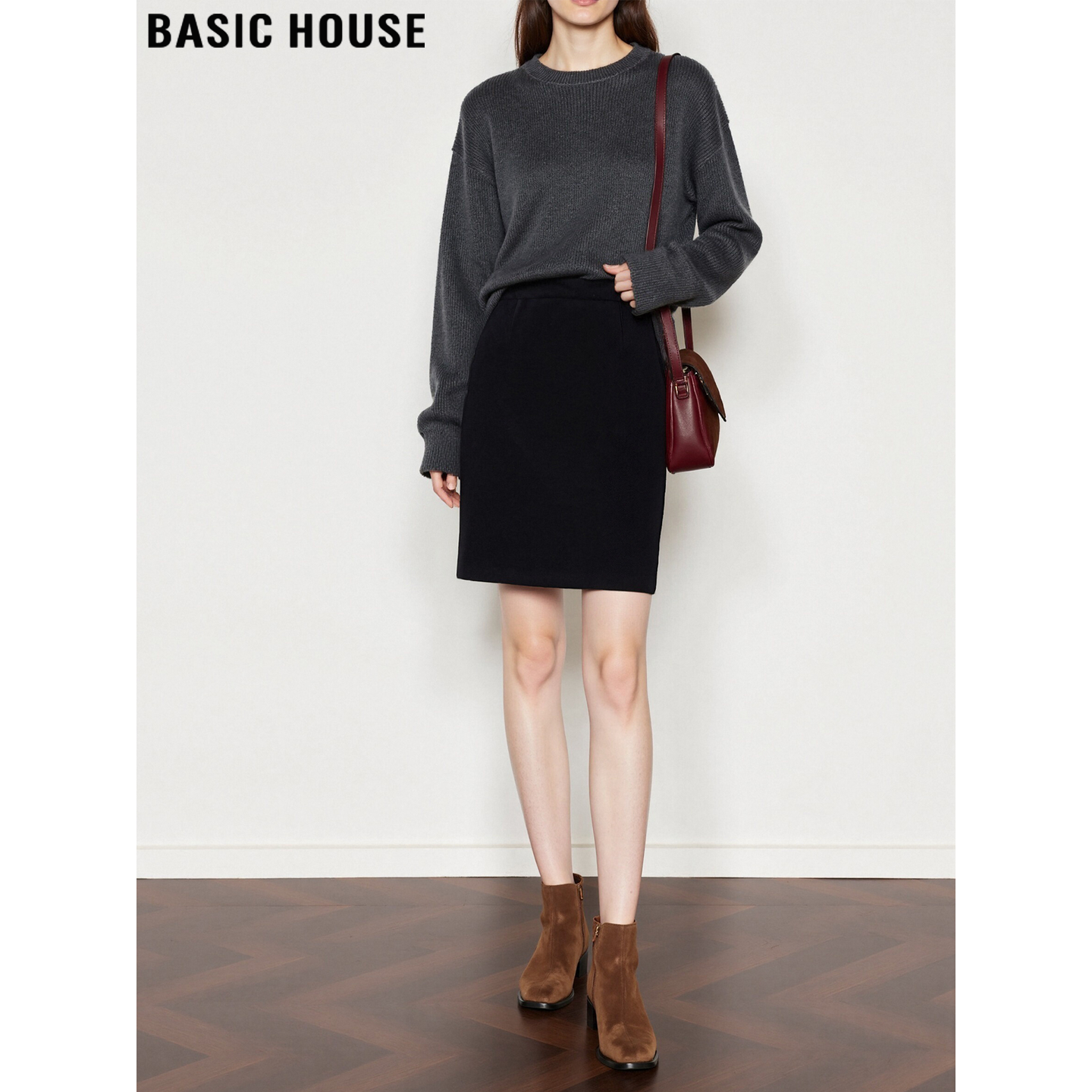 Basic House/百家好法式黑色毛呢半身短裙女2026春季高腰包臀裙子