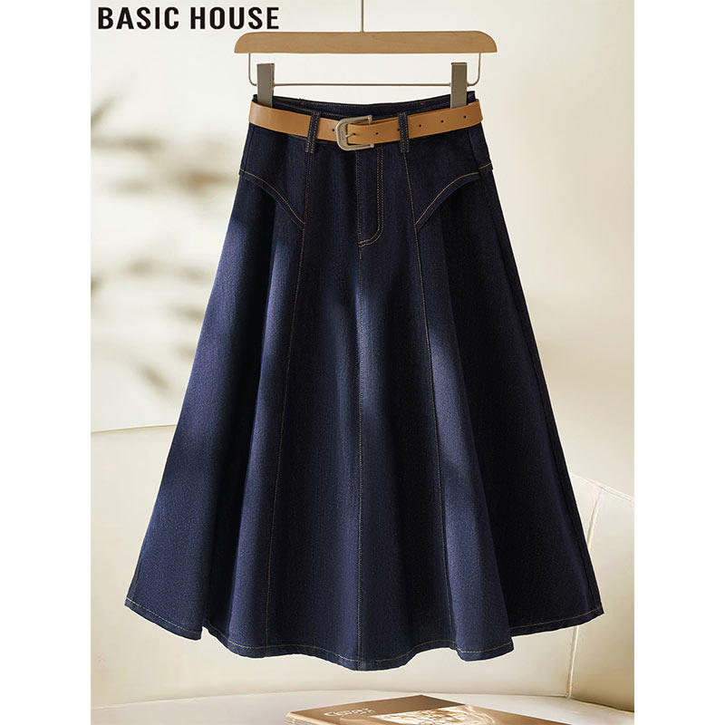 Basic House/百家好丹宁蓝牛仔半身裙女2026春季高腰大摆A字裙子