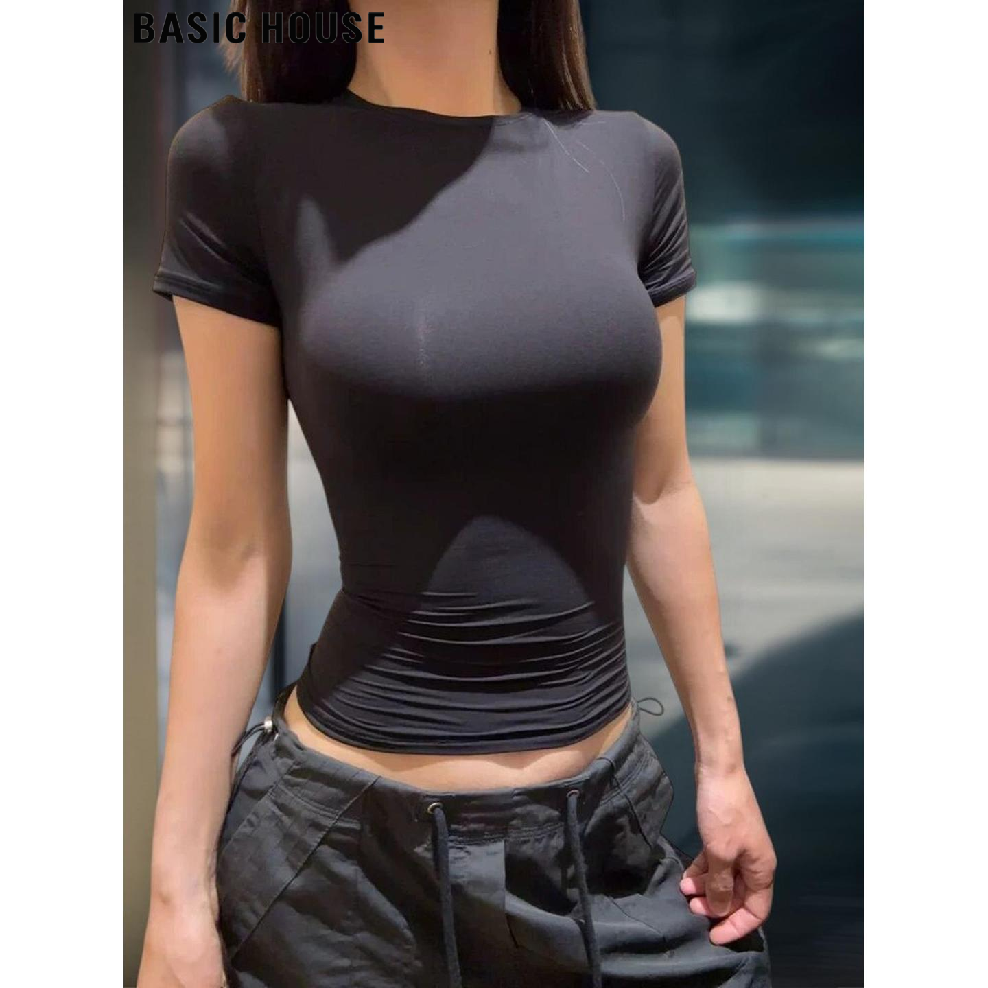 Basic House/百家好黑色速干紧身薄款短袖T恤女夏季短款冰丝上衣