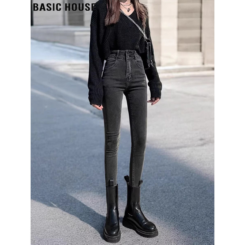 Basic House/百家好烟灰色高腰牛仔裤女冬季弹力直筒修身小脚裤子