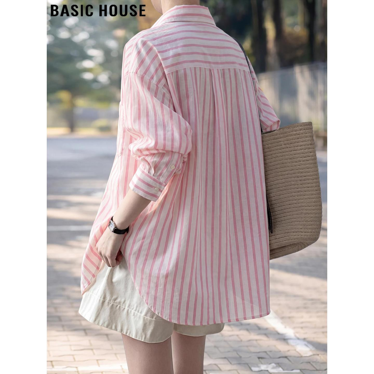 Basic House/百家好粉色条纹翻领长袖衬衫外套女夏季冰丝防晒衬衣