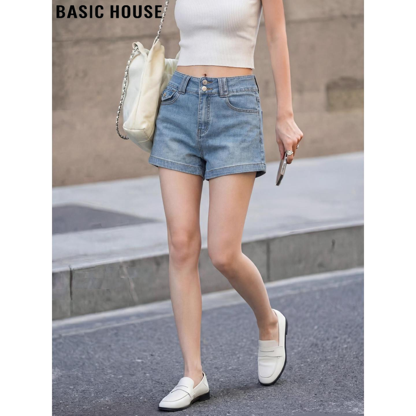 Basic House/百家好复古蓝色直筒牛仔短裤女夏季高腰阔腿A字热裤