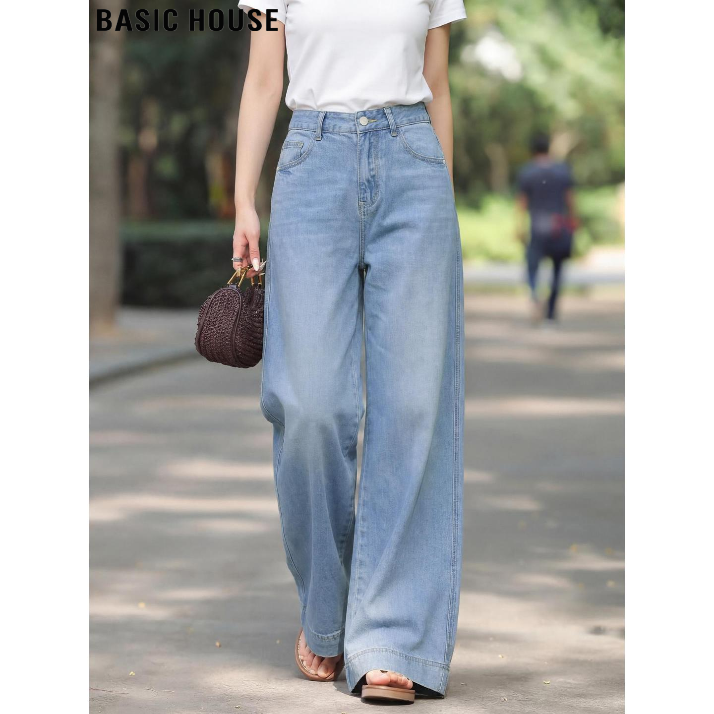 Basic House/百家好蓝色100%天丝阔腿牛仔裤女夏季休闲高腰直筒裤