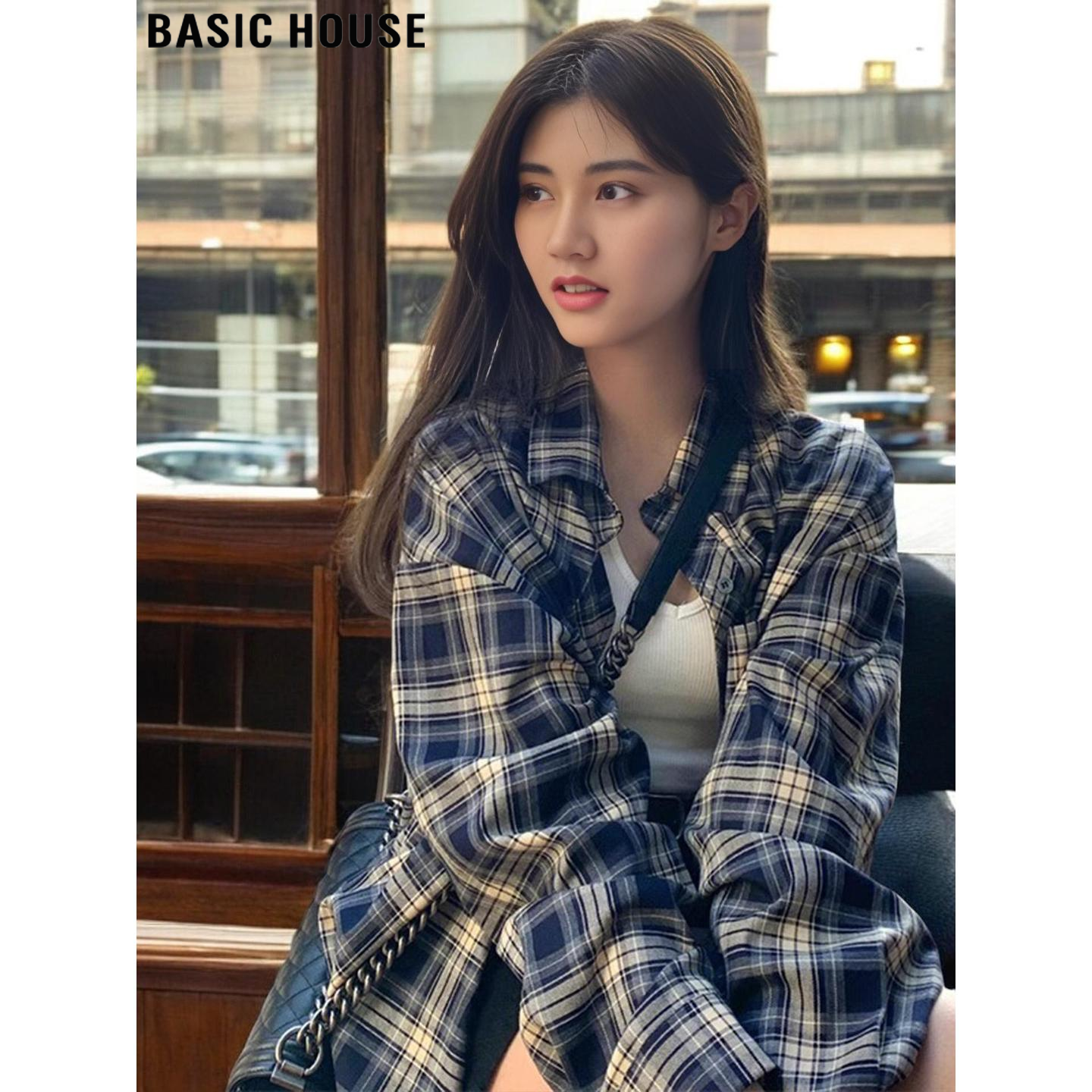 Basic House/百家好慵懒蓝色翻领格子衬衫女2026春季格纹宽松衬衣