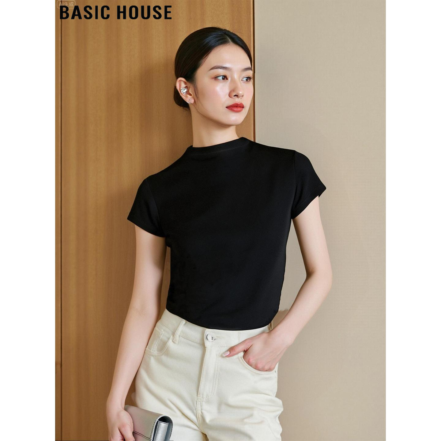 Basic House/百家好黑色半高领莱赛尔天丝短袖T恤女夏季修身上衣