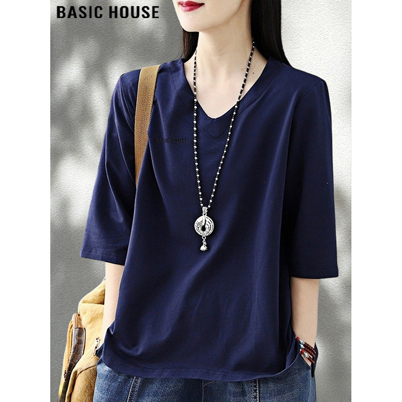 Basic House/百家好藏青色七分袖V领纯棉T恤女2026夏大码宽松上衣