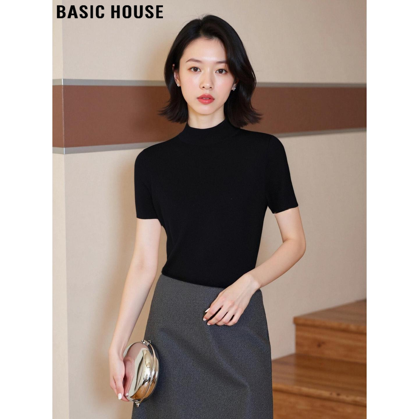 Basic House/百家好半高领黑色中袖针织衫女2026夏季内搭打底上衣