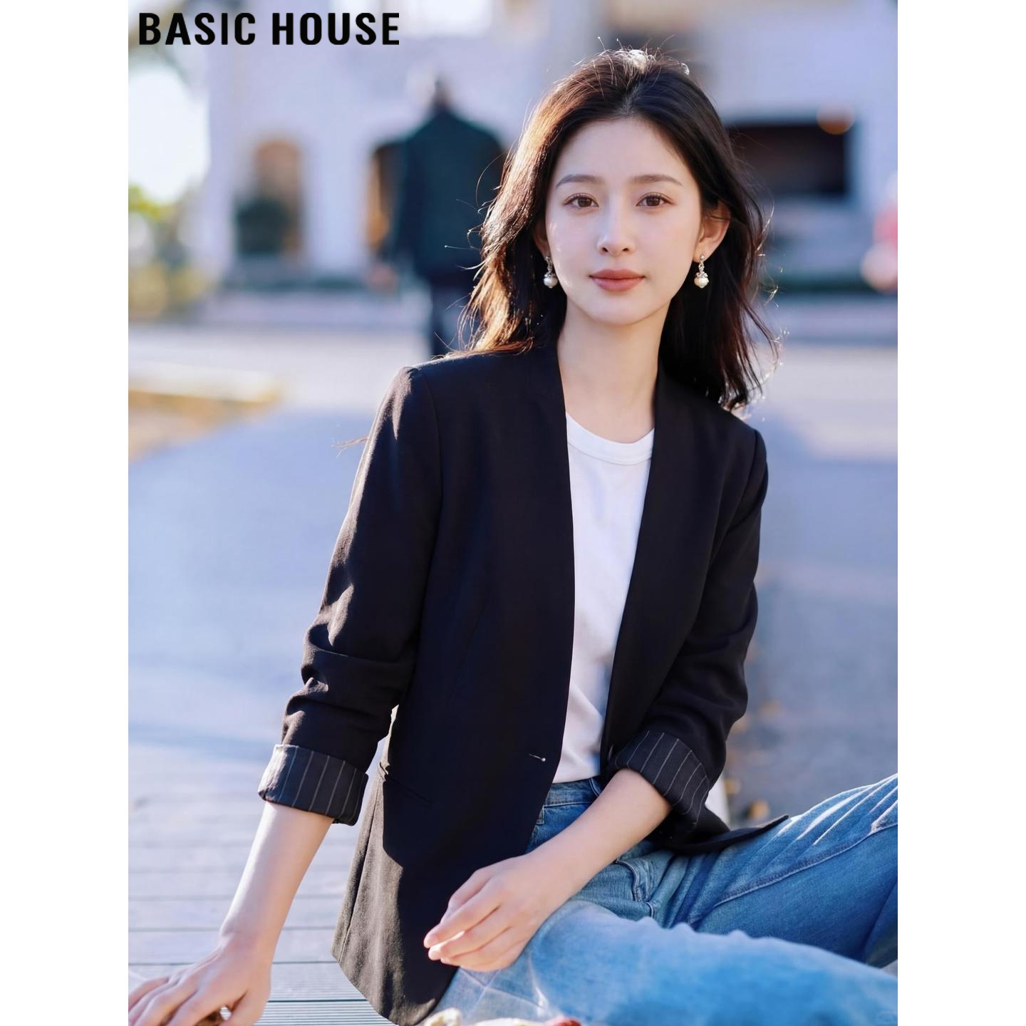 Basic House/百家好黑色七分袖西装外套女春季通勤高级感西服上衣