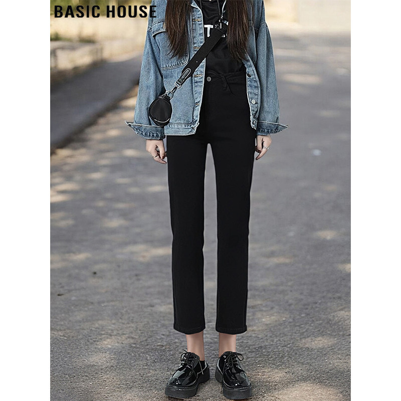 Basic House/百家好黑色百搭直筒牛仔裤女2026春季高腰九分烟管裤