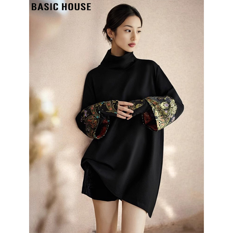 Basic House/百家好新中式立领卫衣女春季宽松中长款印花国风上衣