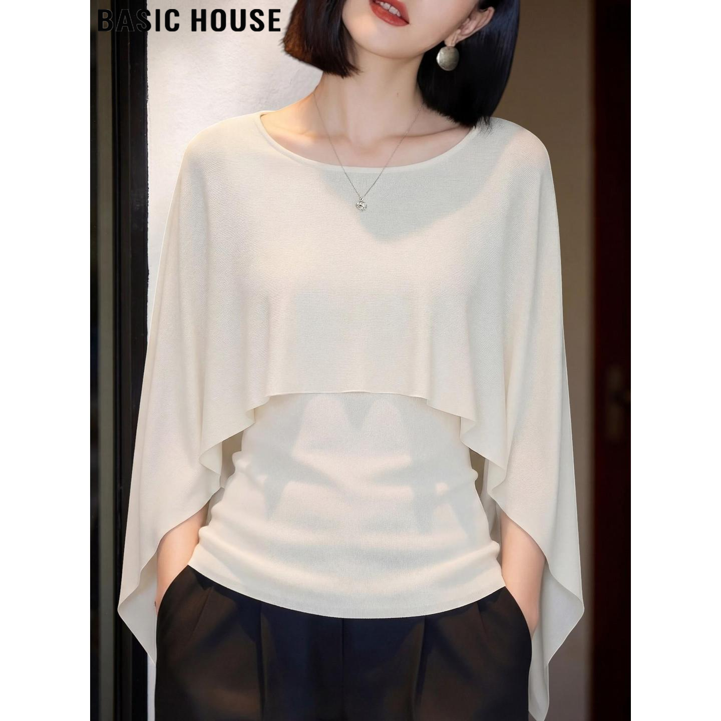 Basic House/百家好白色假两件冰丝针织衫薄女夏季一字领天丝上衣