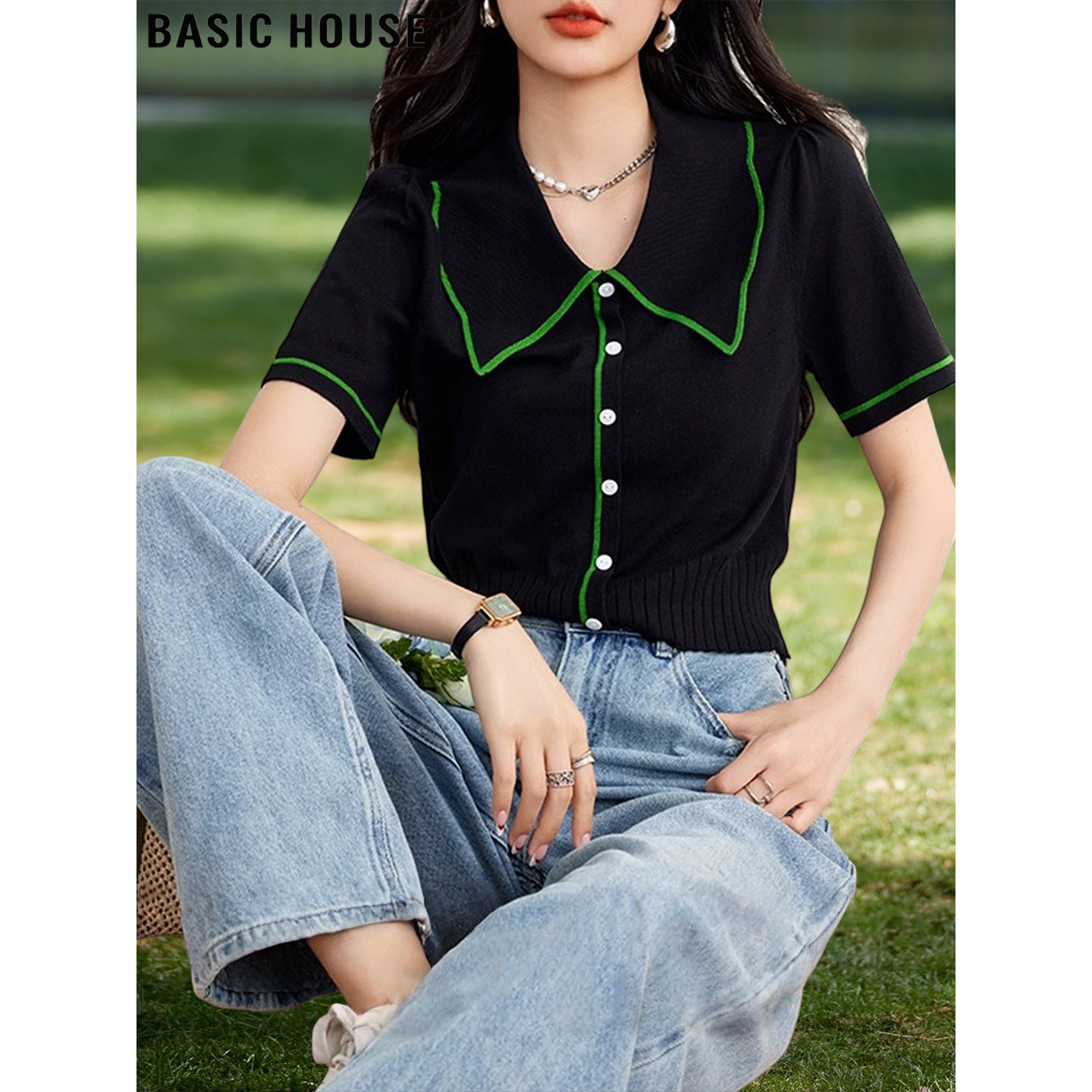 Basic House/百家好法式复古撞色短袖T恤女夏季娃娃领冰丝针织衫