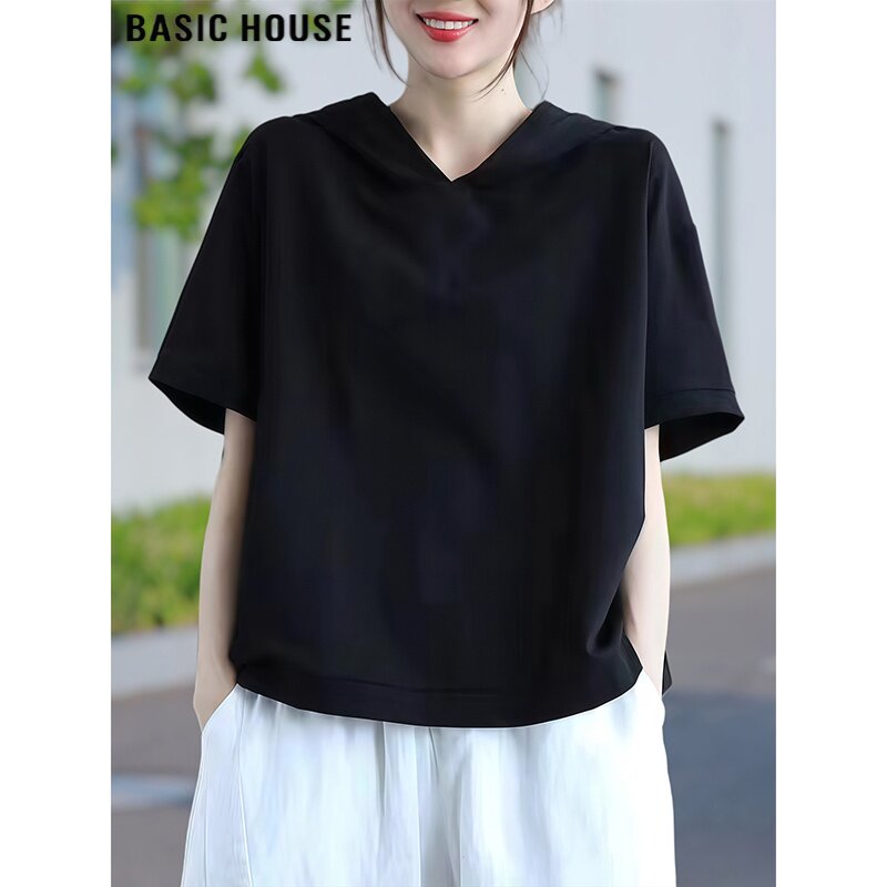 Basic House/百家好慵懒松弛黑色连帽短袖T恤女士夏季宽松体恤衫