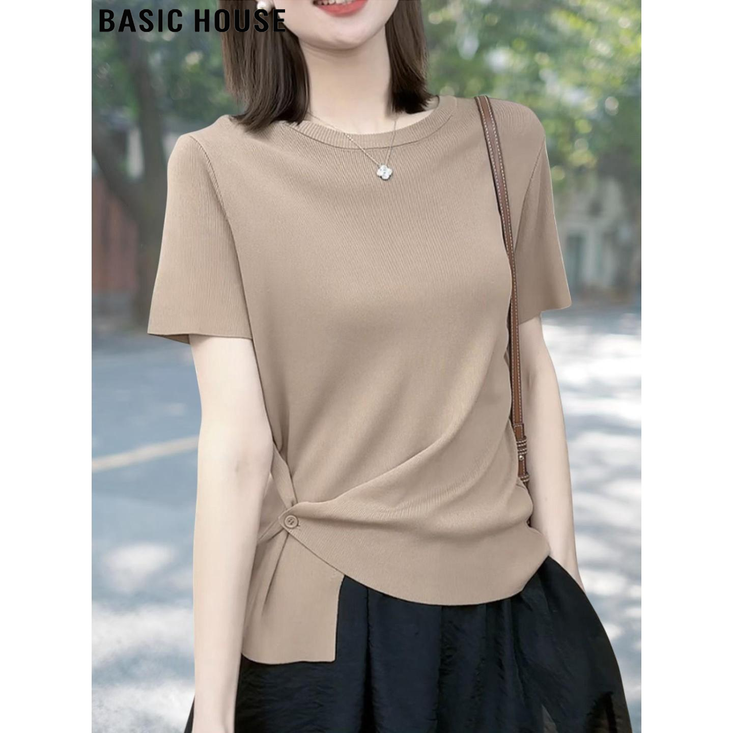 Basic House/百家好卡其色褶皱收腰短袖T恤女夏圆领正肩体恤上衣