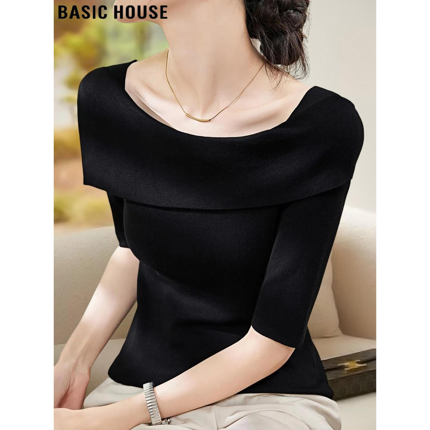Basic House/百家好法式黑色一字肩中袖针织衫女2026夏季修身打底