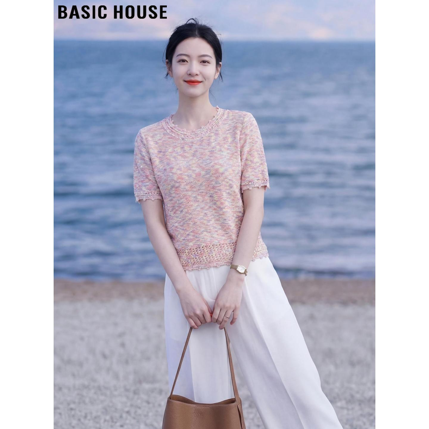 Basic House/百家好小香风粉色镂空钩花圆领短袖针织衫女夏季穿搭