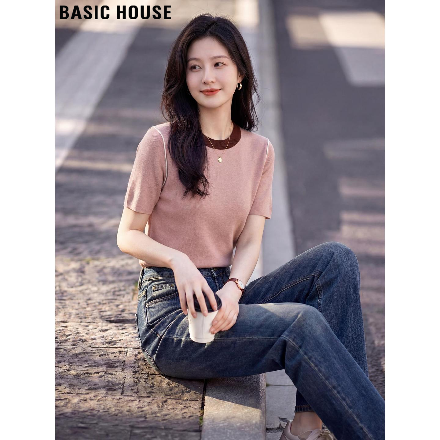 Basic House/百家好粉色含羊毛短袖针织衫女2026夏季宽松圆领上衣