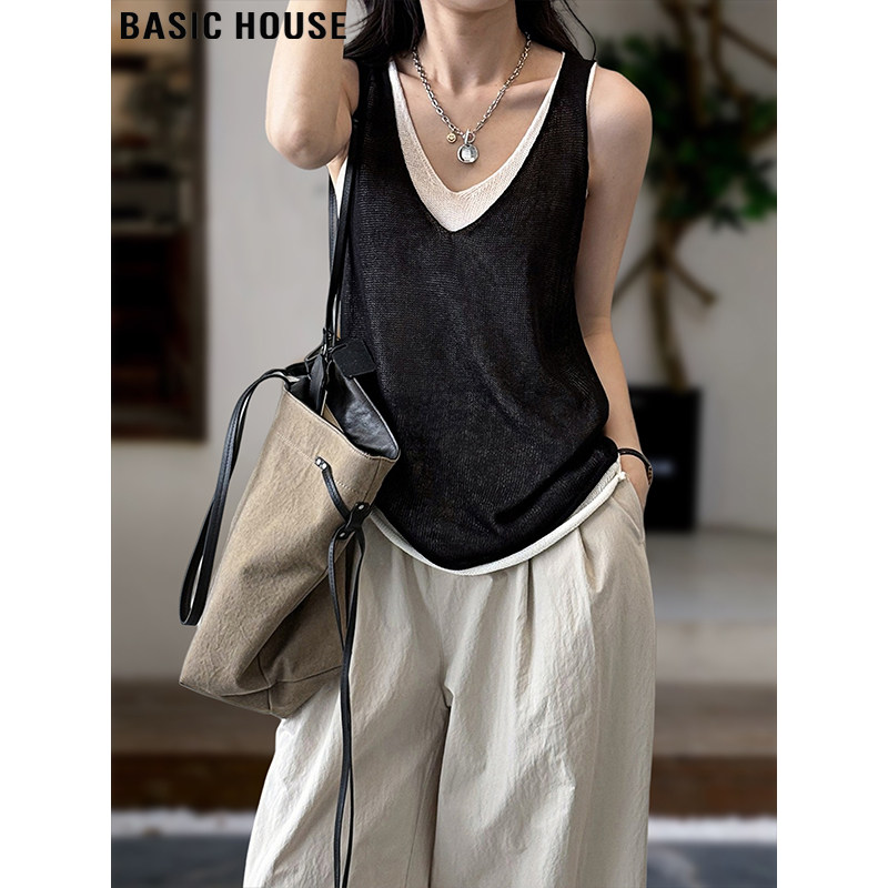 Basic House/百家好假两件V领针织吊带背心女夏季针织无袖打底衫