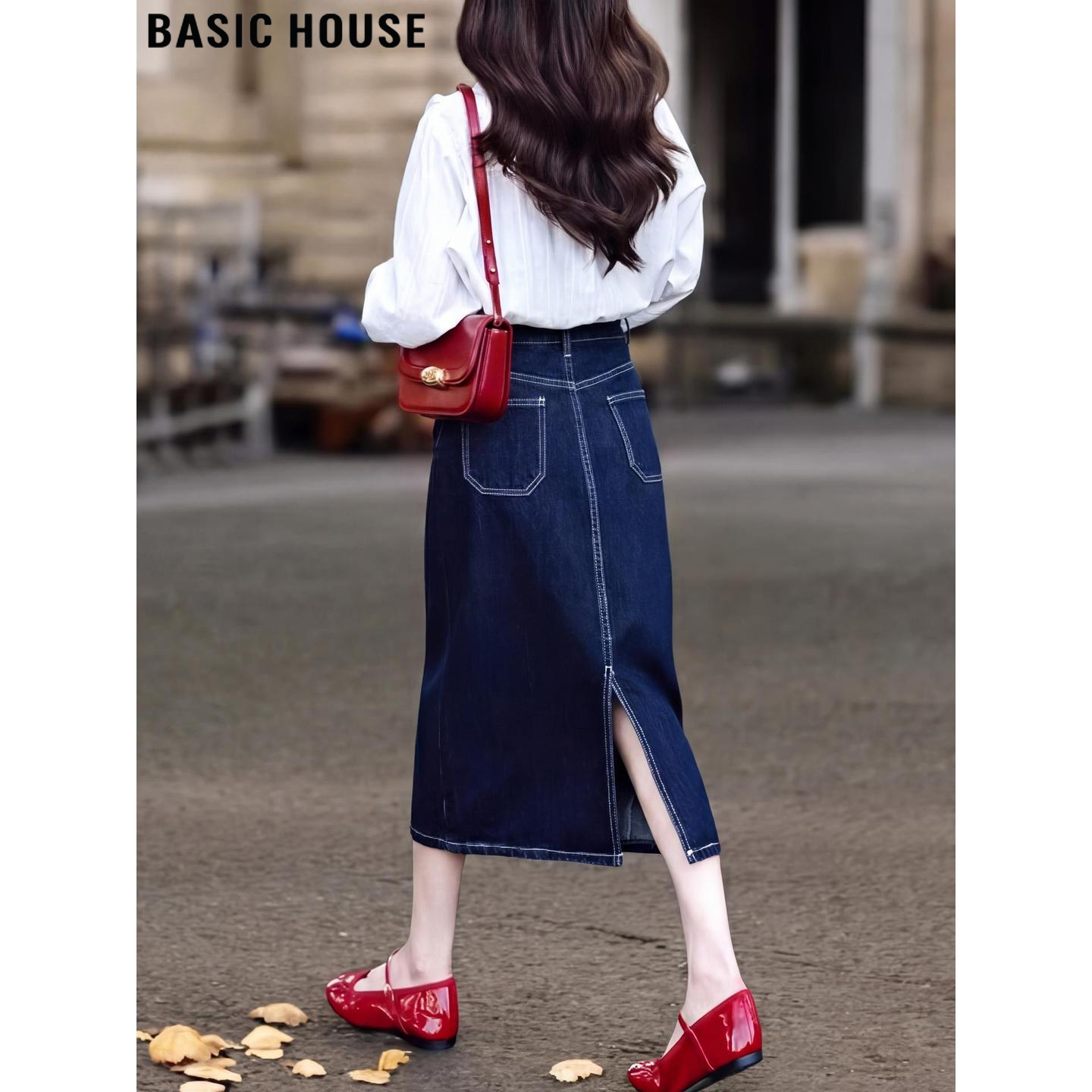 Basic House/百家好复古后开叉牛仔半身裙女春季高腰遮胯包臀裙子